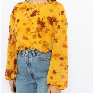 Aritzia Wilfred Yellow Floral Sheer Long Sleeve Bodysuit S